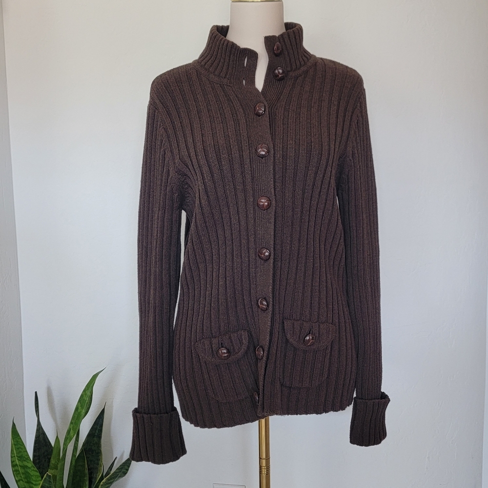 Cardigan Thick Knit Brown Covered Buttons Pockets 100% Cotton Size L